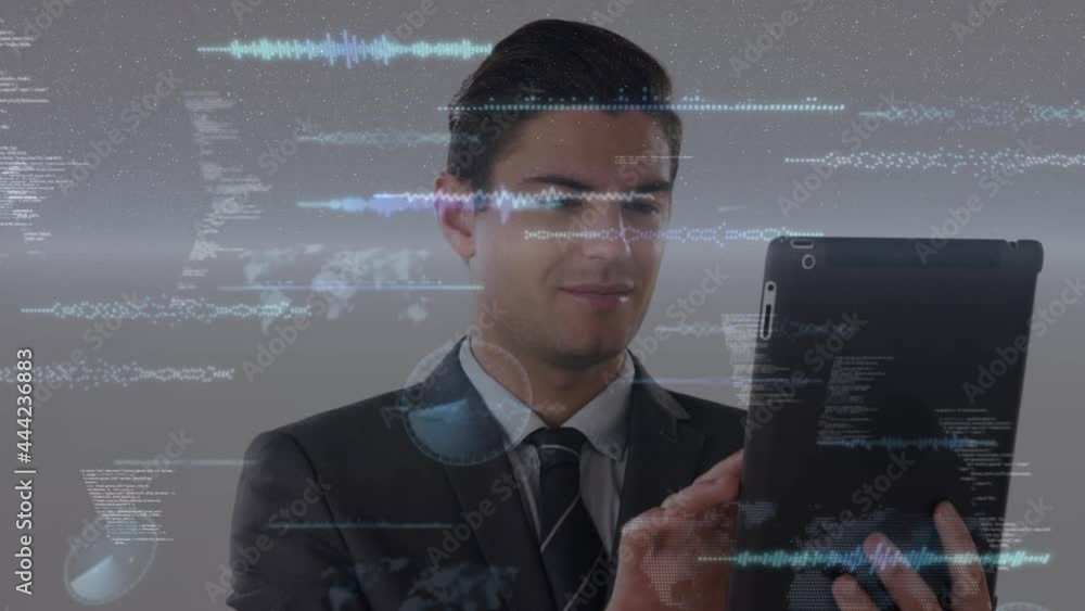 Poster animation of data processing over businessman using tablet