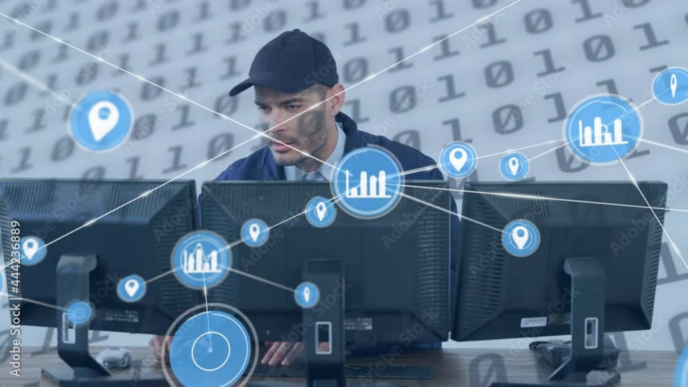 Poster animation of network of connections with icons over it technician and binary coding