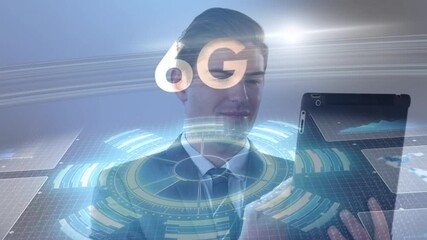 Animation of 6g text, scope scanning and data processing over businessman using tablet - Powered by Adobe