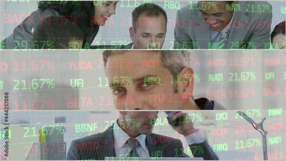 Aufkleber animation of statistics and data processing over business people