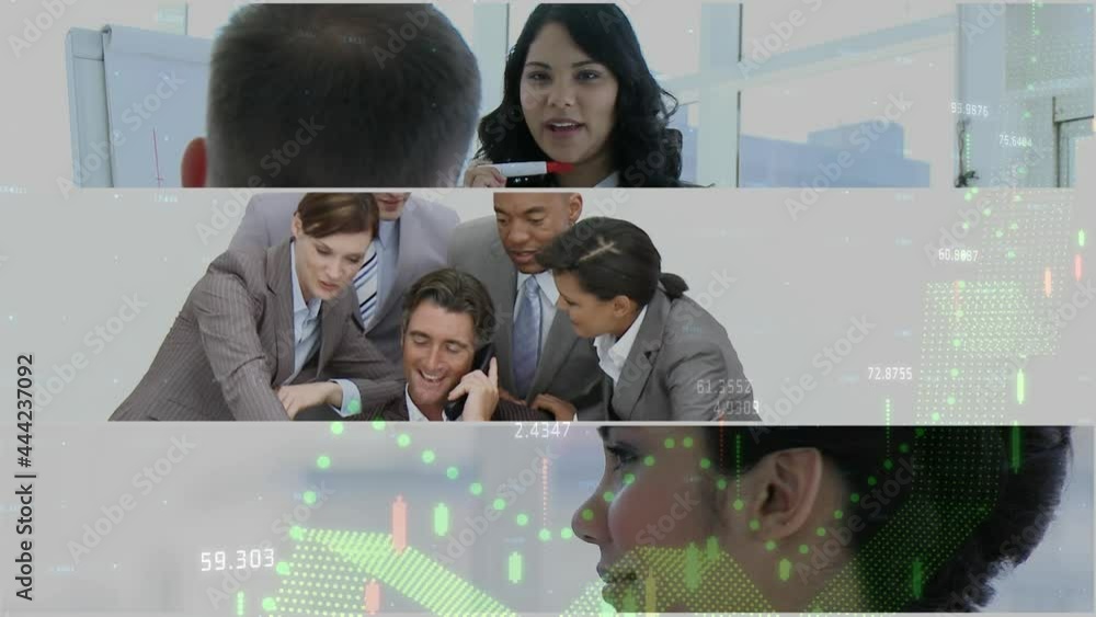 Poster animation of statistics and data processing over business people