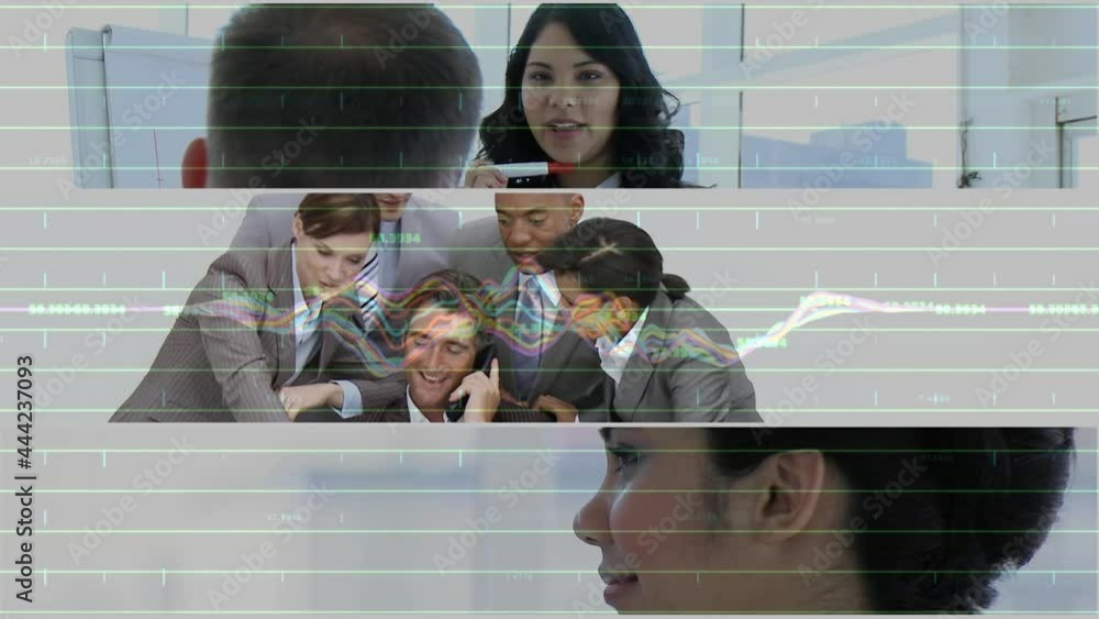 Poster animation of statistics and data processing over business people