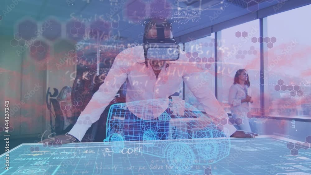 Poster animation of data processing over man in vr headset working in office