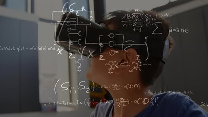 Animation of over equations over schoolboy wearing vr headset - Powered by Adobe