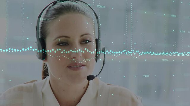 Animation of statistics and data processing over businesswoman wearing phone headset