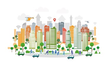 smart city illustration, urban landscape skyline with skyscraper buildings, park and kids playing