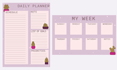 Daily planner in lilac, pastel color. Schedule, notes, goal list, priorities. My week