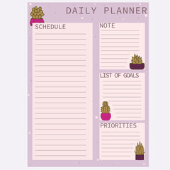 Daily planner in lilac or purple. Schedule, notes, goal list, priorities.