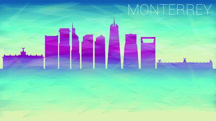 Monterrey Mexico Skyline City Vector Silhouette. Broken Glass Abstract Geometric Dynamic Textured. Banner Background. Colorful Shape Composition.