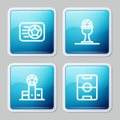 Set line Soccer football ball, Award cup and, over sports winner podium and Football field icon. Vector