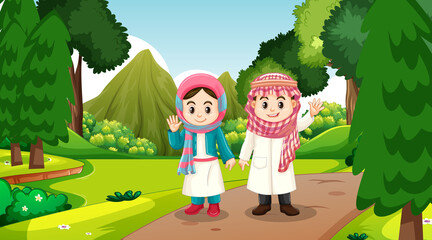 Muslim kids wears traditional clothes in the forest scene