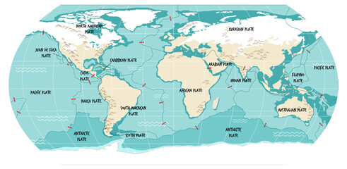 World Map Showing Tectonic Plates Boundaries