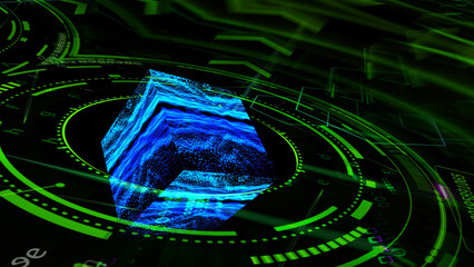 Quantum futuristic technology computer green ring with digital cube reflection