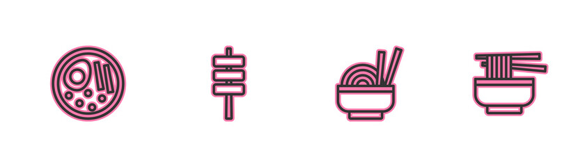 Set line Ramen, Asian noodles in bowl, Korean food tokpokki and icon. Vector