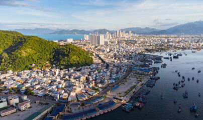 Beautiful view of tourist city of Nha Trang from the mountains during sunset. Vietnam