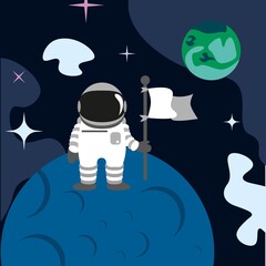 Spaceman astronout with flag in the moon flat vector illustration