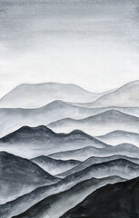 Watercolor hand drawn grey foggy mountain landscape