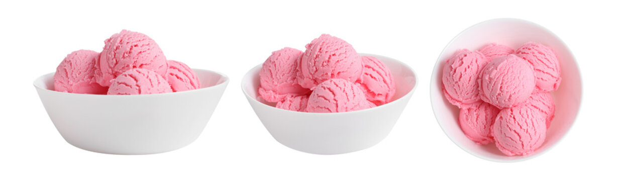 ice cream scoops in white cup on white background