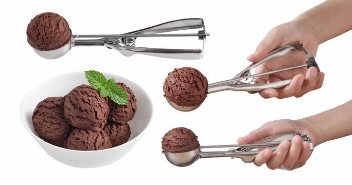 Chocolate ice cream in spoon for scoop on white background