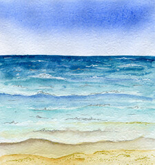 Watercolor Beach and sea waves abstract landscape. 