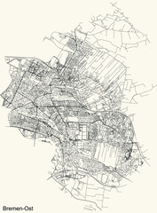 Black simple detailed street roads map on vintage beige background of the quarter Ost (East) district of Bremen, Germany