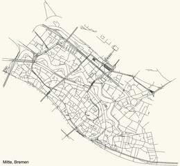 Black simple detailed street roads map on vintage beige background of the quarter Mitte subdistrict of Bremen, Germany