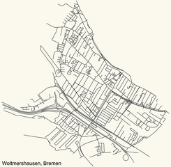 Black simple detailed street roads map on vintage beige background of the quarter Woltmershausen subdistrict of Bremen, Germany