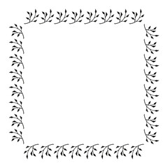 Square frame with cozy black branches on white background. Doodle style. Vector image.