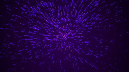 Abstract cosmic explosion. The movement of neon glowing beams. Hyper jump. 3d rendering