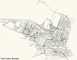 Black simple detailed street roads map on vintage beige background of the quarter Horn-Lehe subdistrict of Bremen, Germany