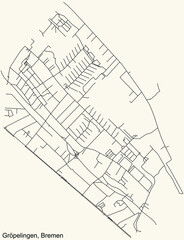 Black simple detailed street roads map on vintage beige background of the quarter Gröpelingen subdistrict of Bremen, Germany
