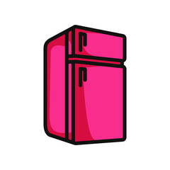 symbol of a two-door refrigerator, red colored in black line art style and shadow details.