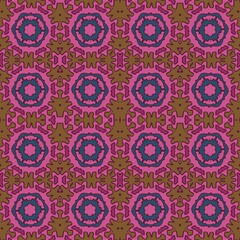 multi-colored seamless pattern of blue and yellow doodles on a pink background
