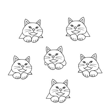 Hand drawn black vector illustration of group of beautiful fat adult young cats with big eyes isolated on a white background