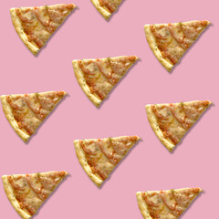 A collage of pizza slices on a pink background. A pattern for websites, banners, and clothing.