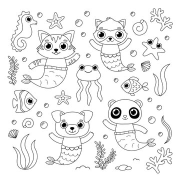 colouring page mermaid set cute animals with big eyes