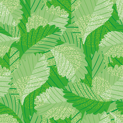 Painterly green vector leaves seamless pattern background. Jungle style backdrop with overlapping varied foliage in monochrome green. Botanical nature texture repeat for summer, wellness, packaging