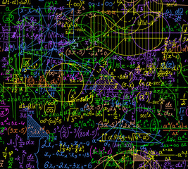Mathematical vector seamless pattern with multicolored handwritten calculations, formulas, equations, plots and functions