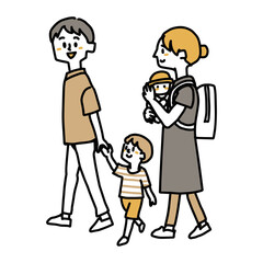 赤ちゃんを抱っこして歩く家族