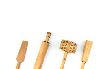 Set of the wooden kitchen utensils on White Background. Top view. Copy space for text.