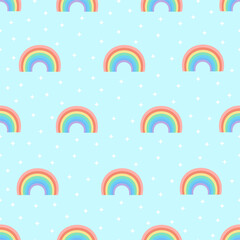 Seamless cartoon texture with rainbow with stars on a blue background. Vector illustration for fabrics, textures, wallpapers, posters, postcards. Childish fun print. Editable elements.