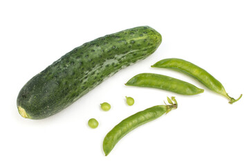 Fresh, tasty Cucumber, green pea in the pod isolated on white background.