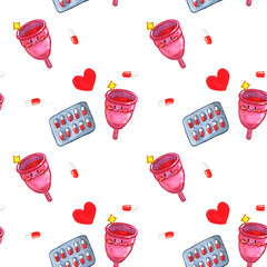 Seamless pattern with menstrual cup, pills and hearts. Women health consept. Hand drawn watercolor illustration on white background. 