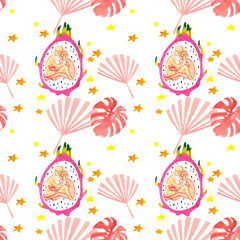 Seamless pattern with dragon fruits or pitaya and monstera leaves and stars. Lovers consept. Hand drawn watercolor summer tropic pattern on white background. 