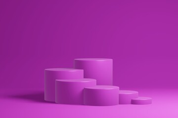Stepped pedestal of six purple cylinders in studio lighting on purple background. 3d render.