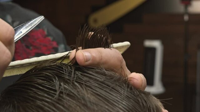 A barber is holding the black hair of his client with his finger and cut it. Really close up shot focused on the scissor.