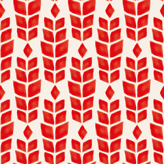 Vector red leaves flowers folk ecru repeat pattern