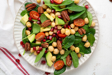 Overhead view of vegan avocado chickpea salad healthy food