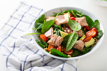 Close up of tuna and spinach salad healthy food