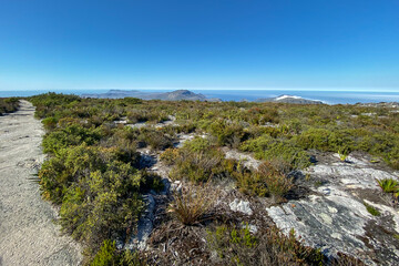 Panoramic view from summit top of Table Mountain to Cape of Good Hope peninsula, Cape Town, South Africa.
